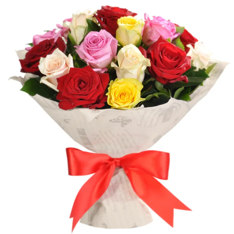 Букет из 21 разноцветной розы в крафте, доставка Сочи